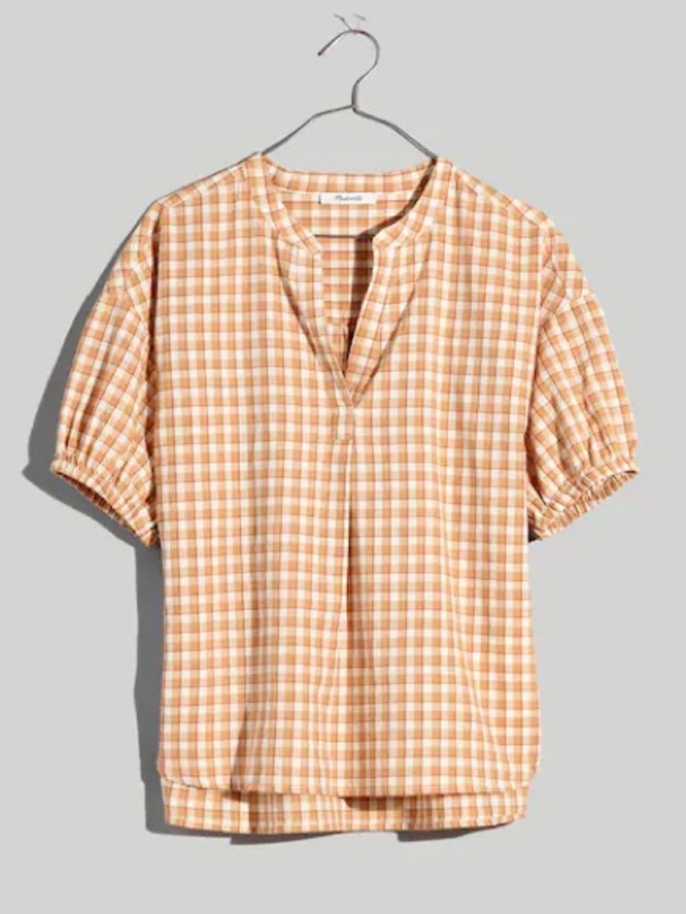 Madewell Crinkle Cotton Bubble-Sleeve Popover Shirt in Check